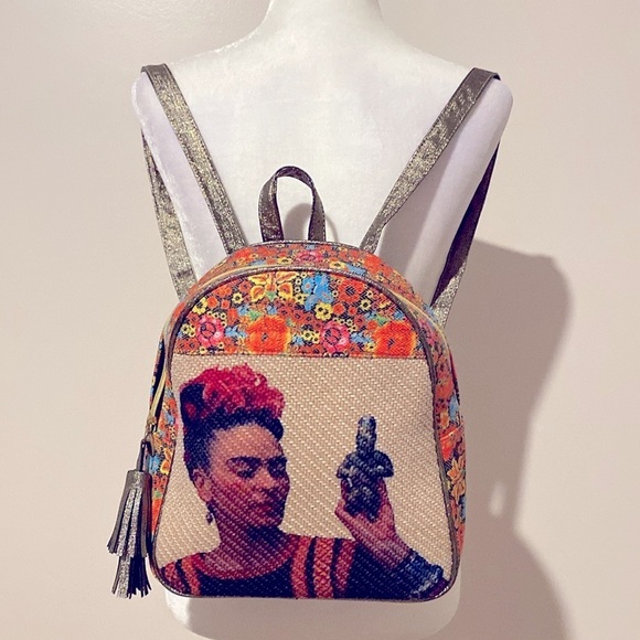 Frida kahlo ditzy floral metallic mini backpack purse bag - Picture 8 of 10